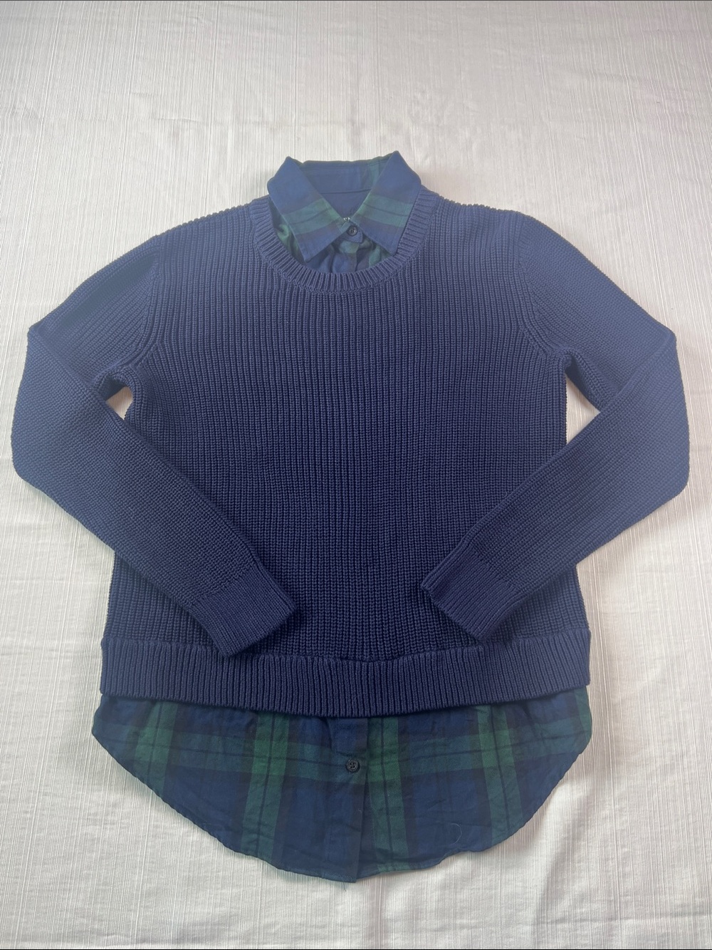 Lauren Ralph Lauren Navy Sweater with Green-Blue Plaid Shirt Hem